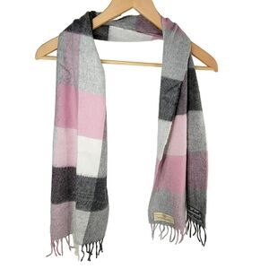 Woodward Cashmink Scarf 100% PolyAcryl Made West Germany Gray Pink Fringed Plaid